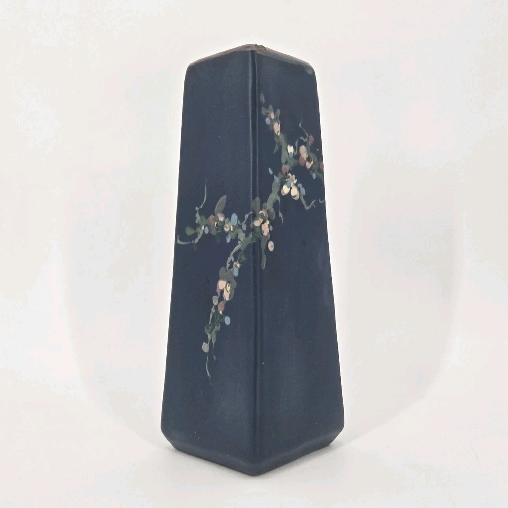 Weller Hudson 1920s Blue Floral Reverse Tapered Square Art Pottery Vase 9.5 Inch